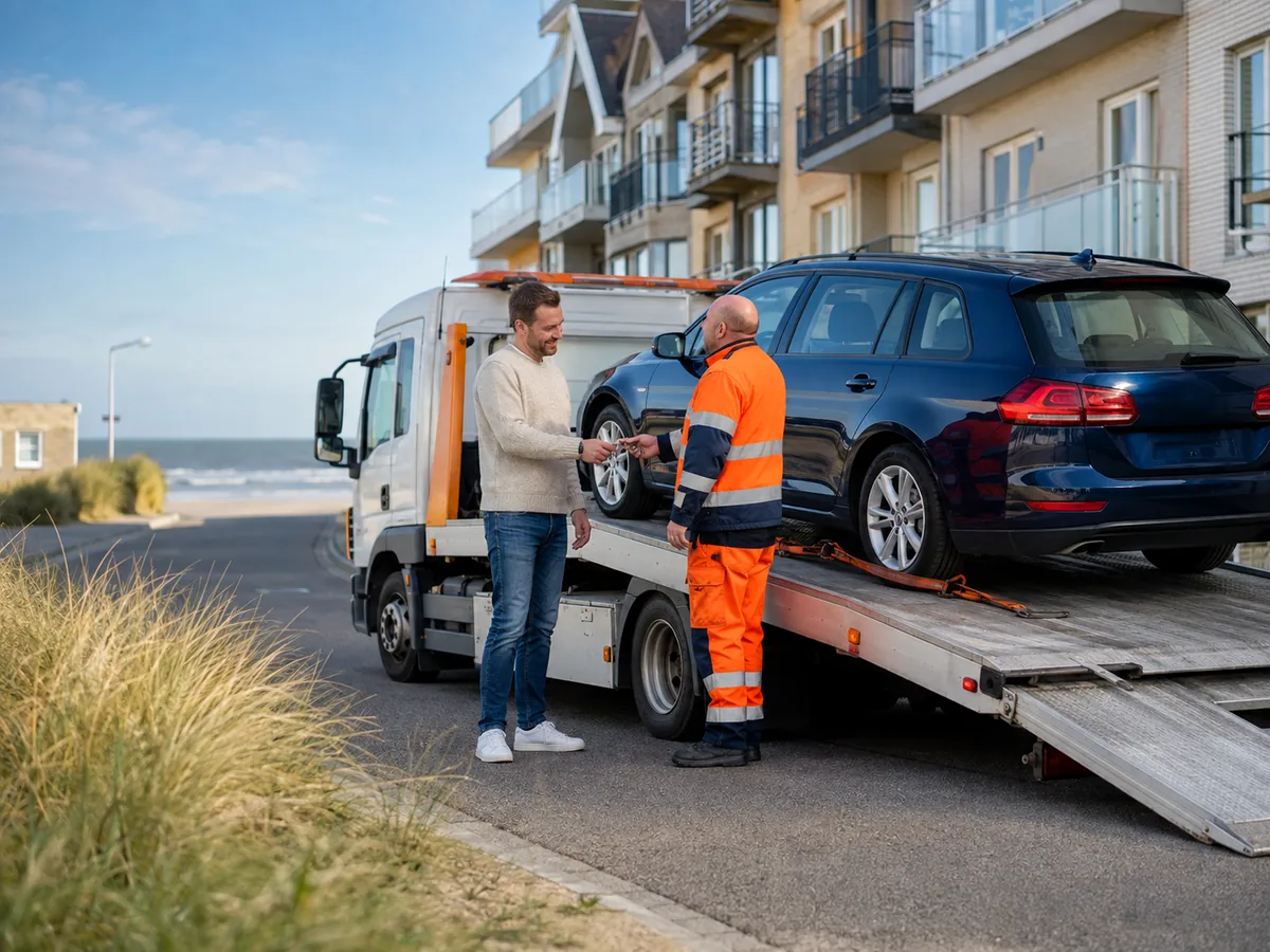 Auto wordt in Oostende op een oprijwagen geladen voor gratis ophaling, met de zeedijk en het strand op de achtergrond